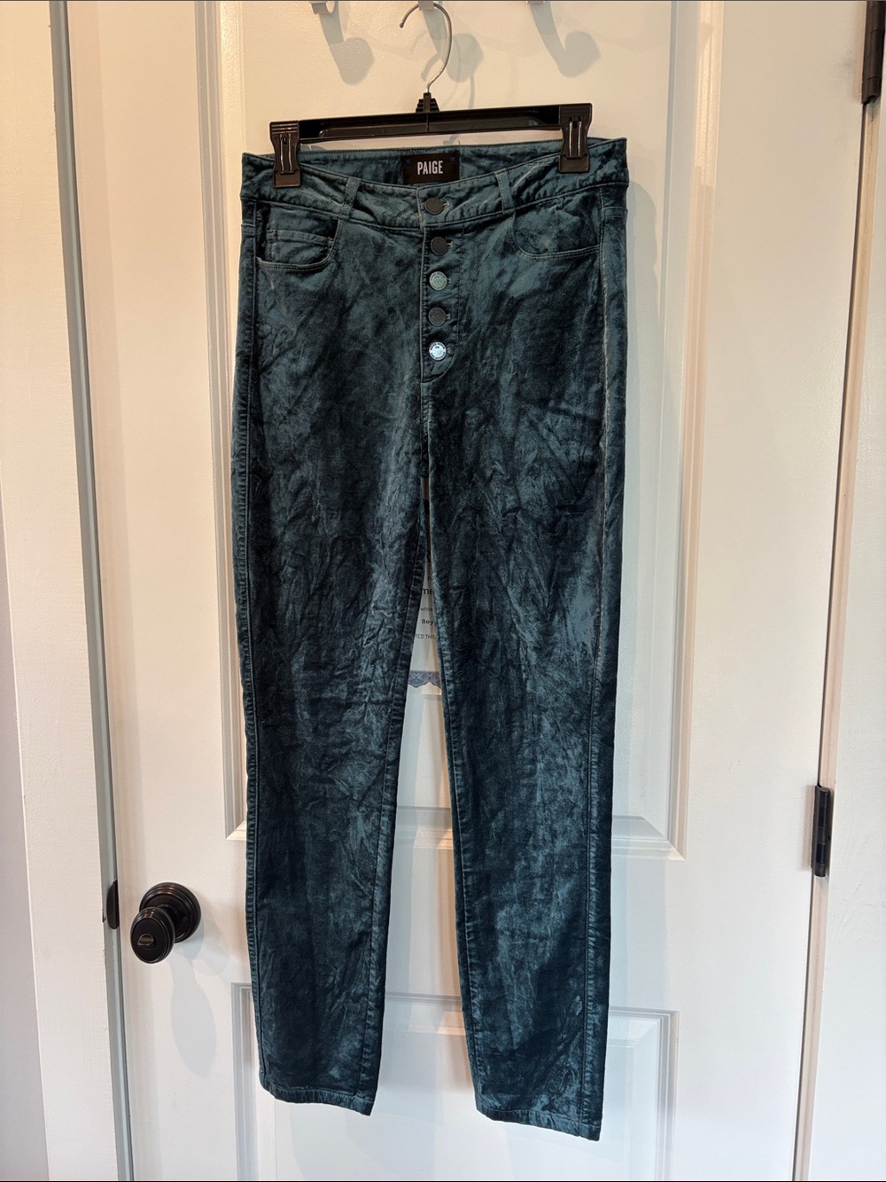 PAIGE Women’s Crinkle Teal Velvet Skinny Jeans with Button-Fly